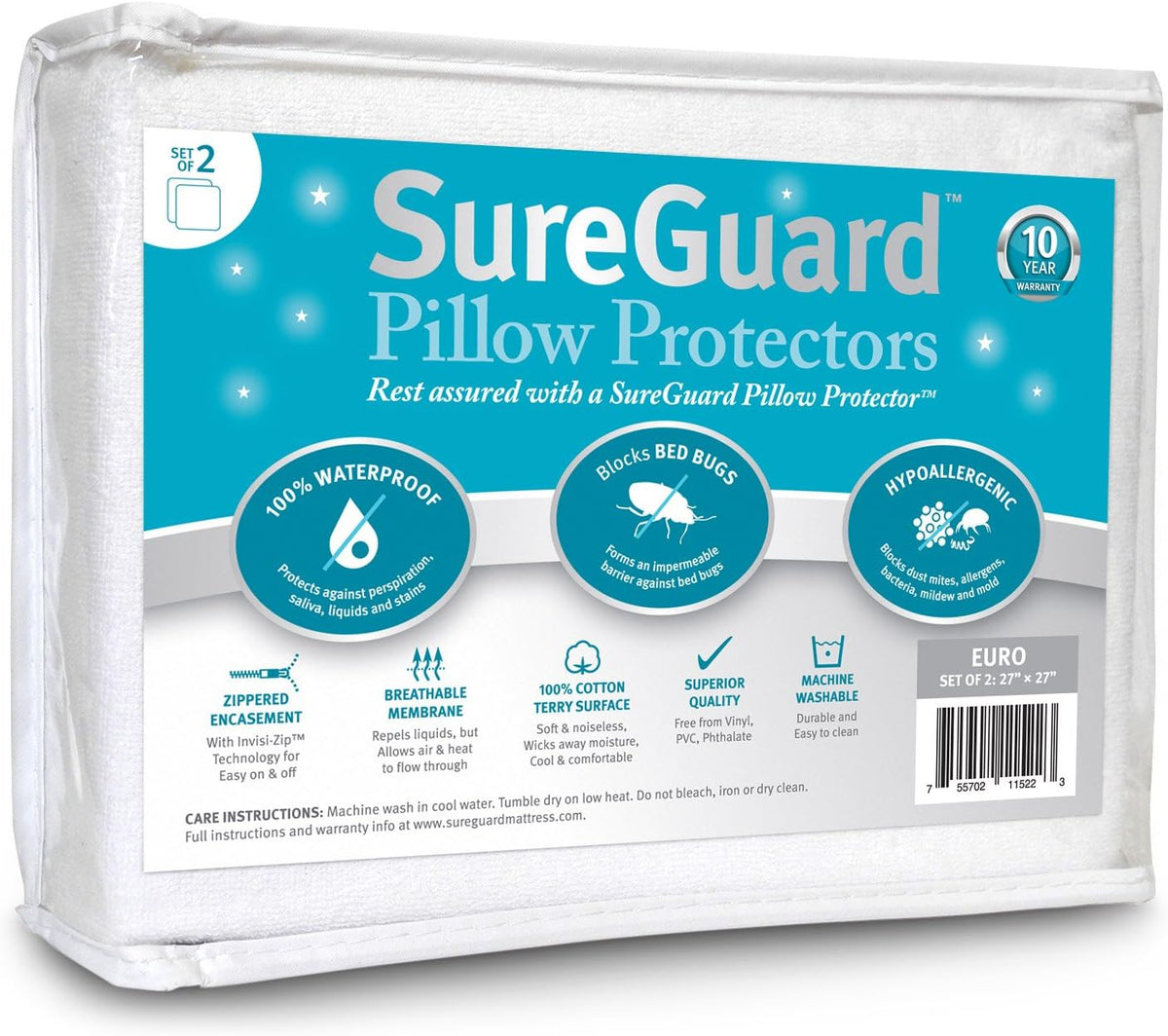 Set of 2 Euro Size SureGuard Pillow Protectors - 100% Waterproof, Bed Bug Proof, Hypoallergenic