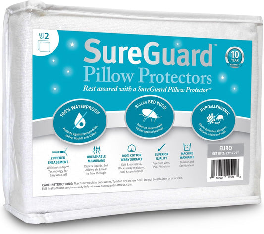 Set of 2 Euro Size SureGuard Pillow Protectors - 100% Waterproof, Bed Bug Proof, Hypoallergenic