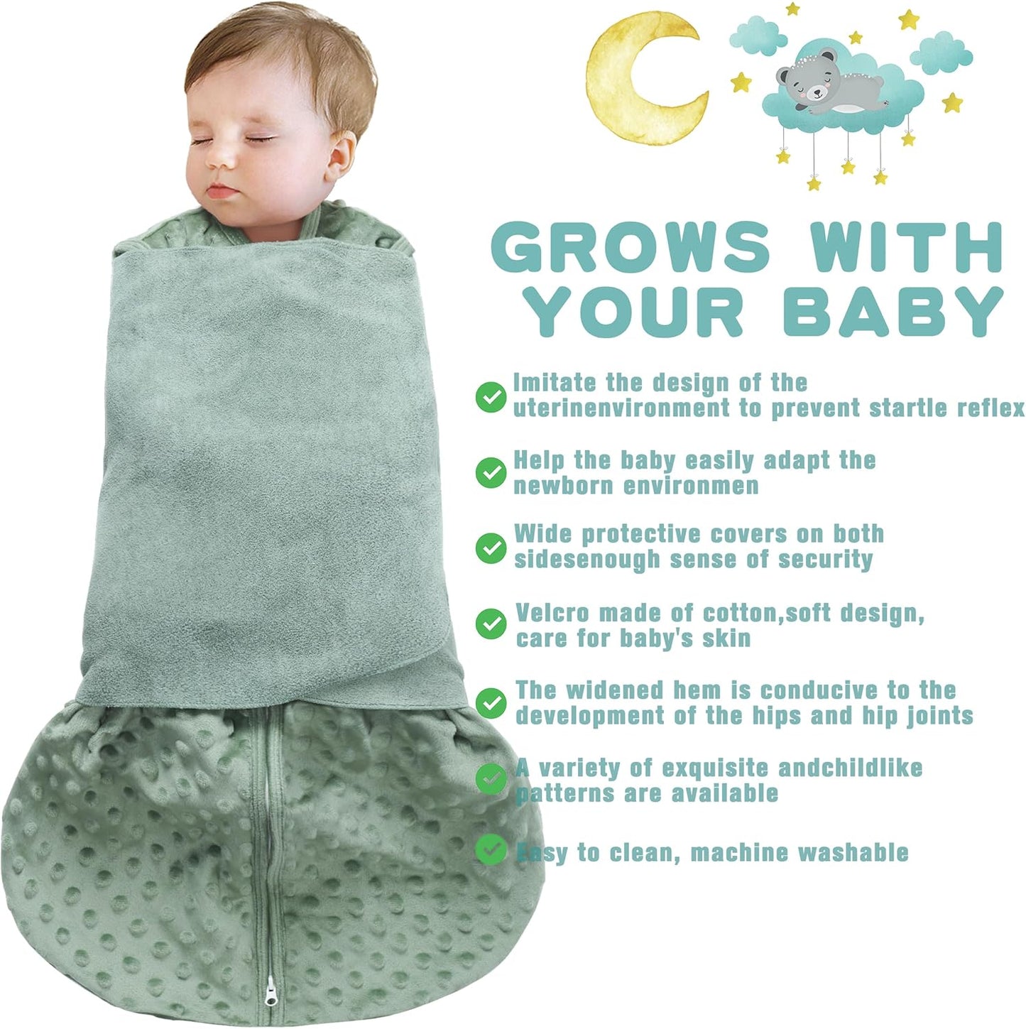 Fleece Newborn Sleep Sack Baby Swaddle,3-Way Adjustable Wearable Blanket,2 Pack Fleece Swaddling