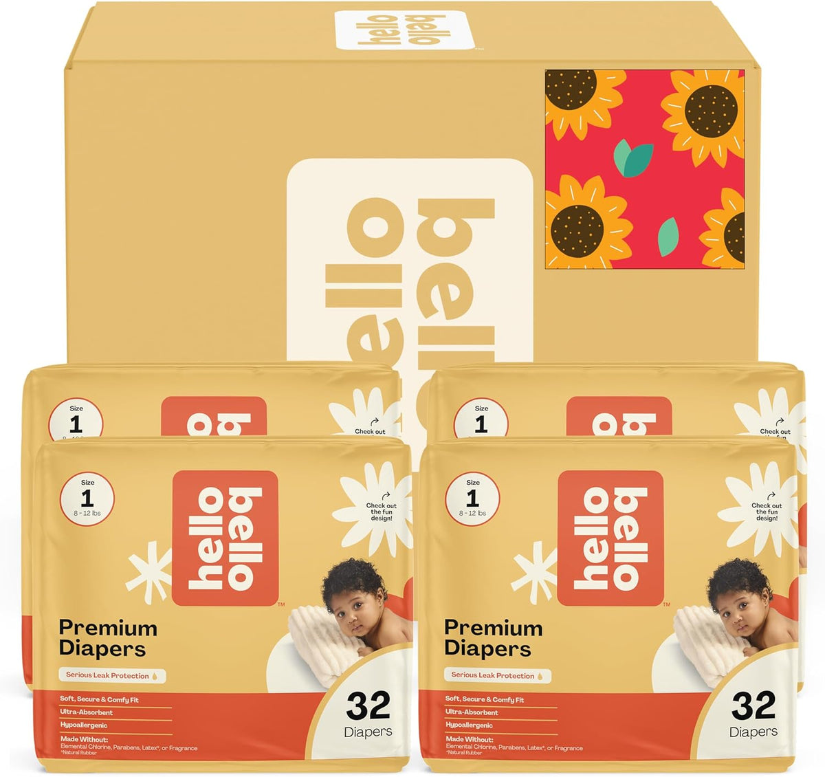 Hello Bello Diapers, Size 1 (8-12 lbs) Flower Child, 128 Count Value Pack of Premium Disposable