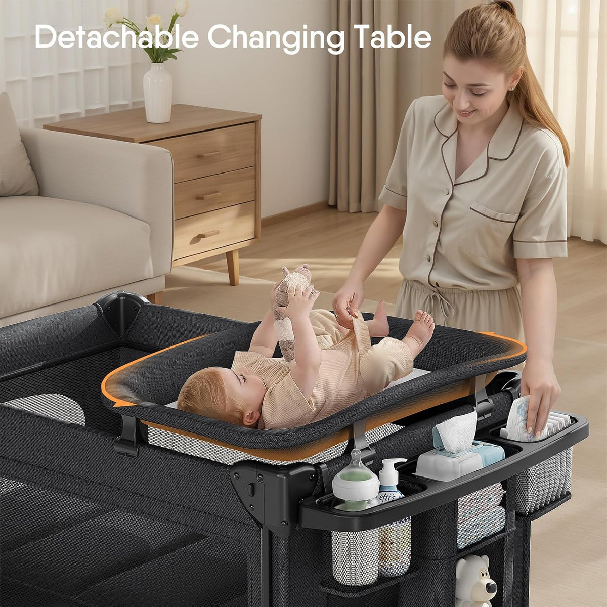 4 in 1 Baby Bassinet, Pack and Play, Bedside Crib Sleeper, Diaper Changer, Quickly Assembled and