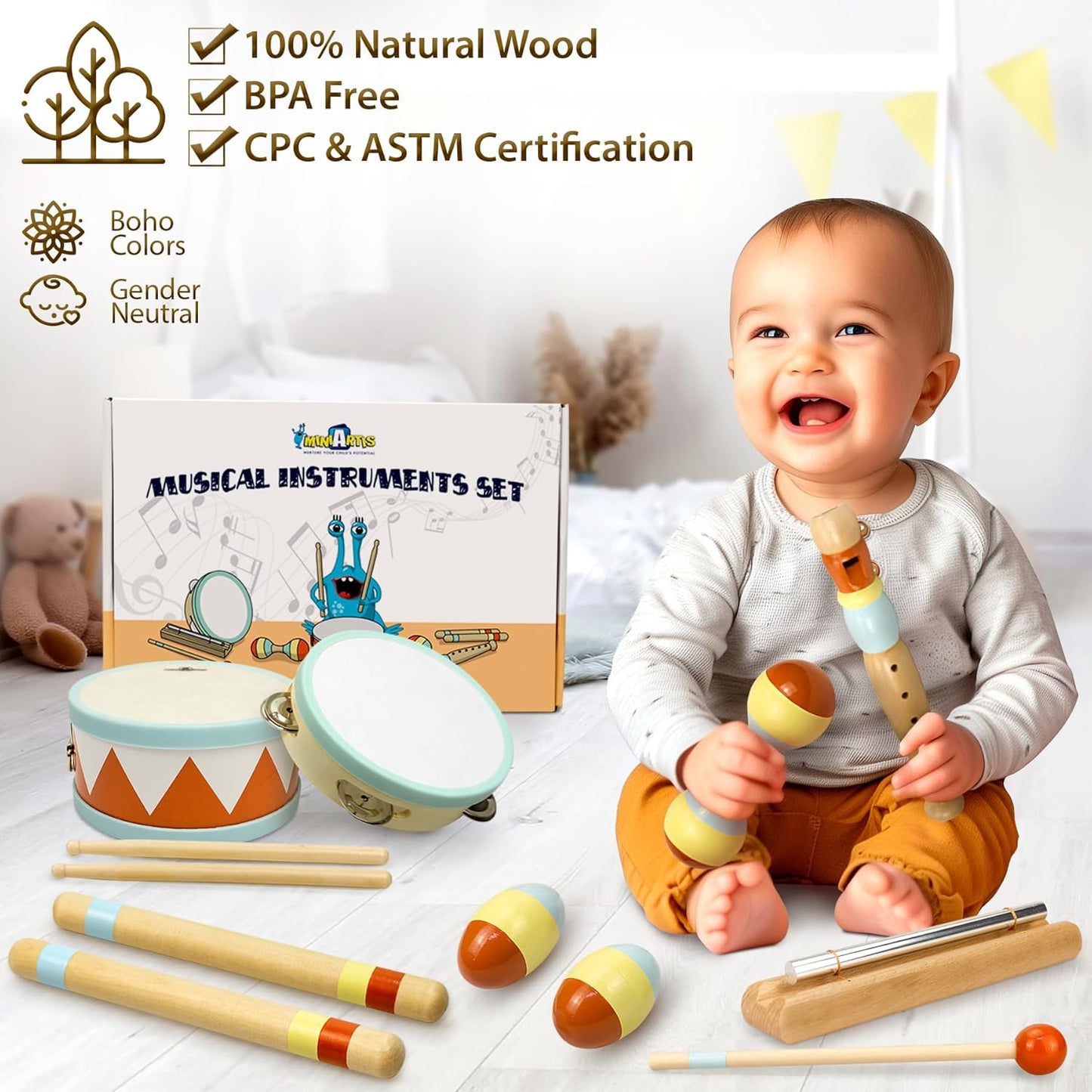MINIARTIS Toddler Musical Instruments - Montessori Wooden Musical Toys for Toddlers 1-3 | Modern