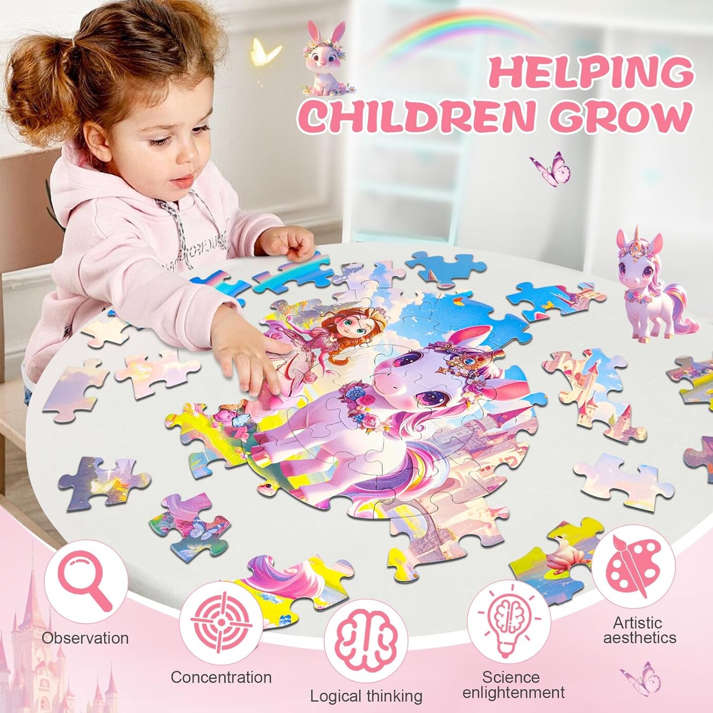 Floor Puzzles for Kids Ages 4-6, 70 Pieces Large Round Unicorn Princess Floor Puzzle Unicorn Jigsaw