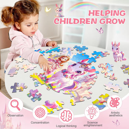 Floor Puzzles for Kids Ages 4-6, 70 Pieces Large Round Unicorn Princess Floor Puzzle Unicorn Jigsaw