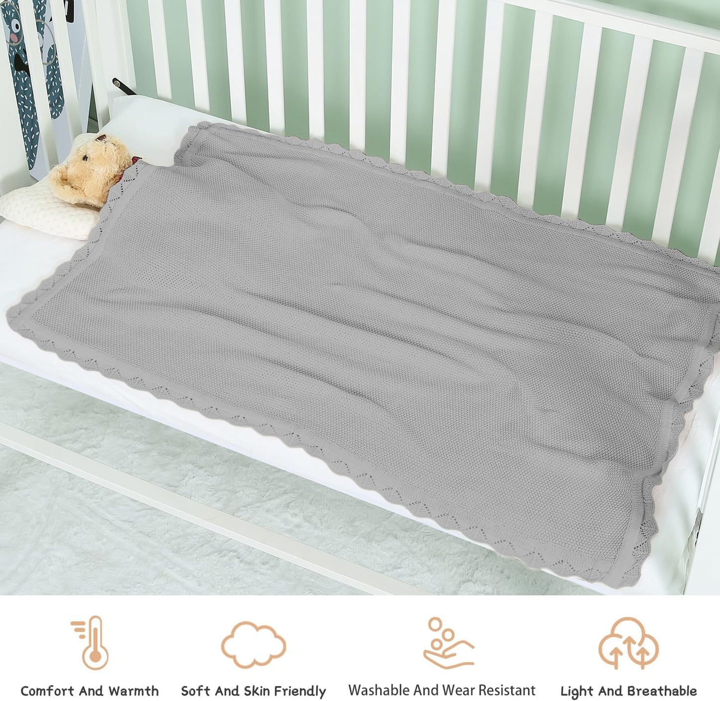 Cotton Baby Blankets 100% Knit Soft Warm Lace Toddler Newborn Nursery Receiving Blankets,30 X 40