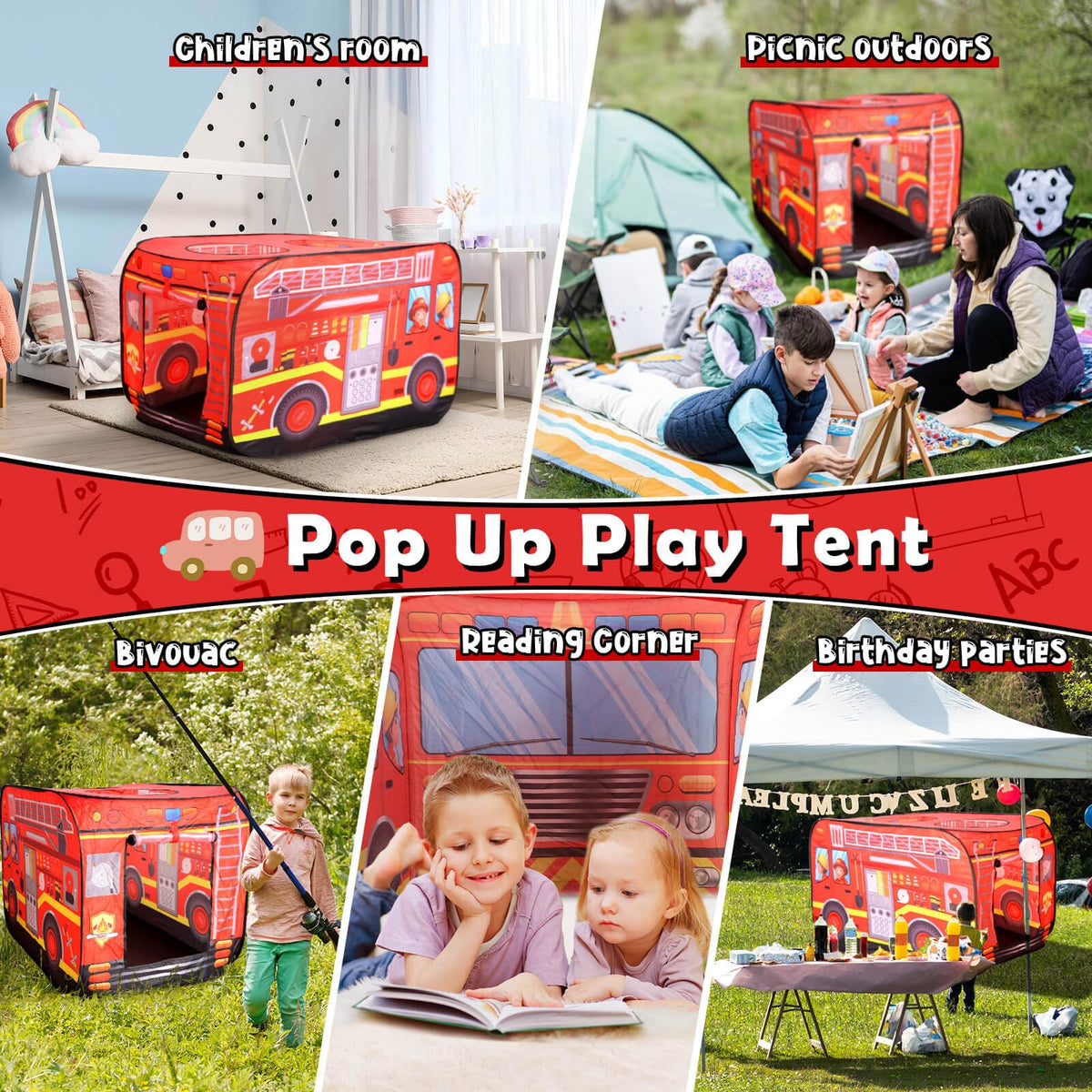 Britik Fire Truck Pop Up Tent Kids, Indoor Outdoor Playhouse Toy for 3+