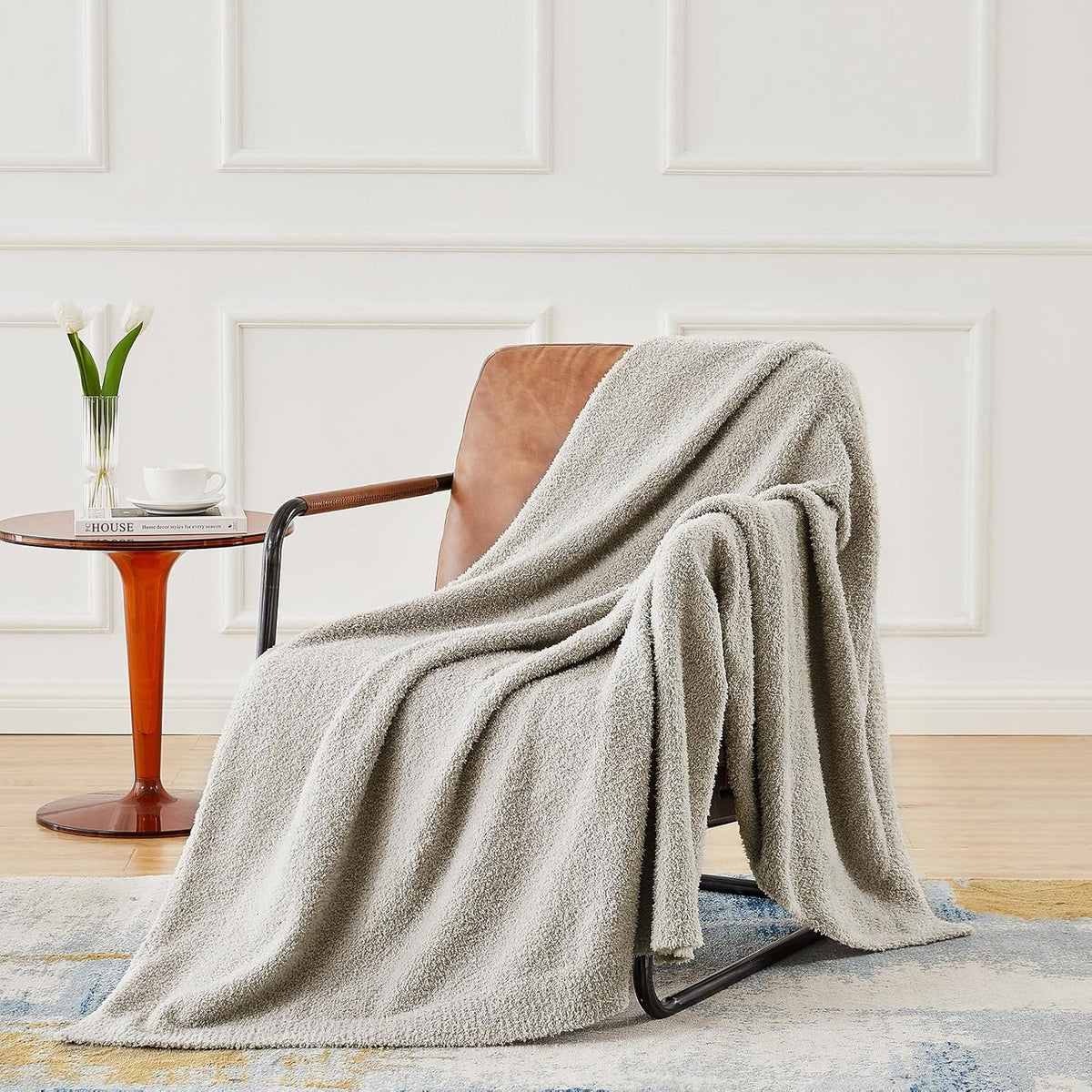 CYMULA Knit Throw Blanket for Couch Light Grey - Super Soft Lightweight Plush Fuzzy Fluffy Warm