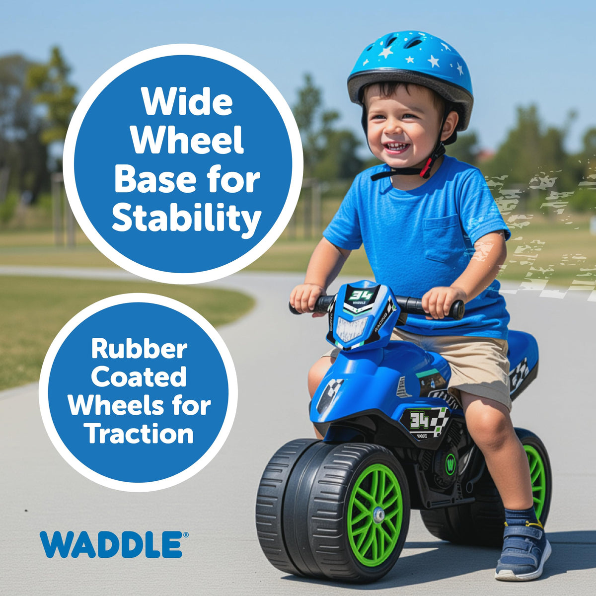 Waddle Kids Motorcycle Balance Bike - Toddler Ride on Toys w/Sounds, Wide Wheel Base, Rubber Coated
