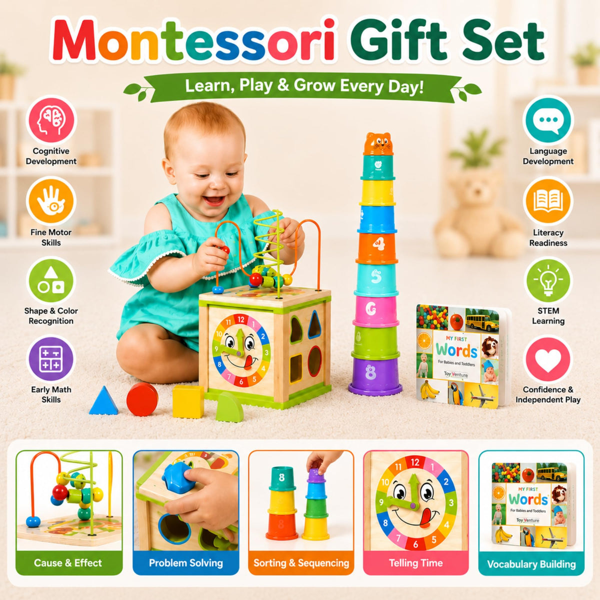 Wooden Activity Cube for 1 Year Old - 1 Year Old Boy Gifts - 1 Year Old Boy Toys - Educational Toys