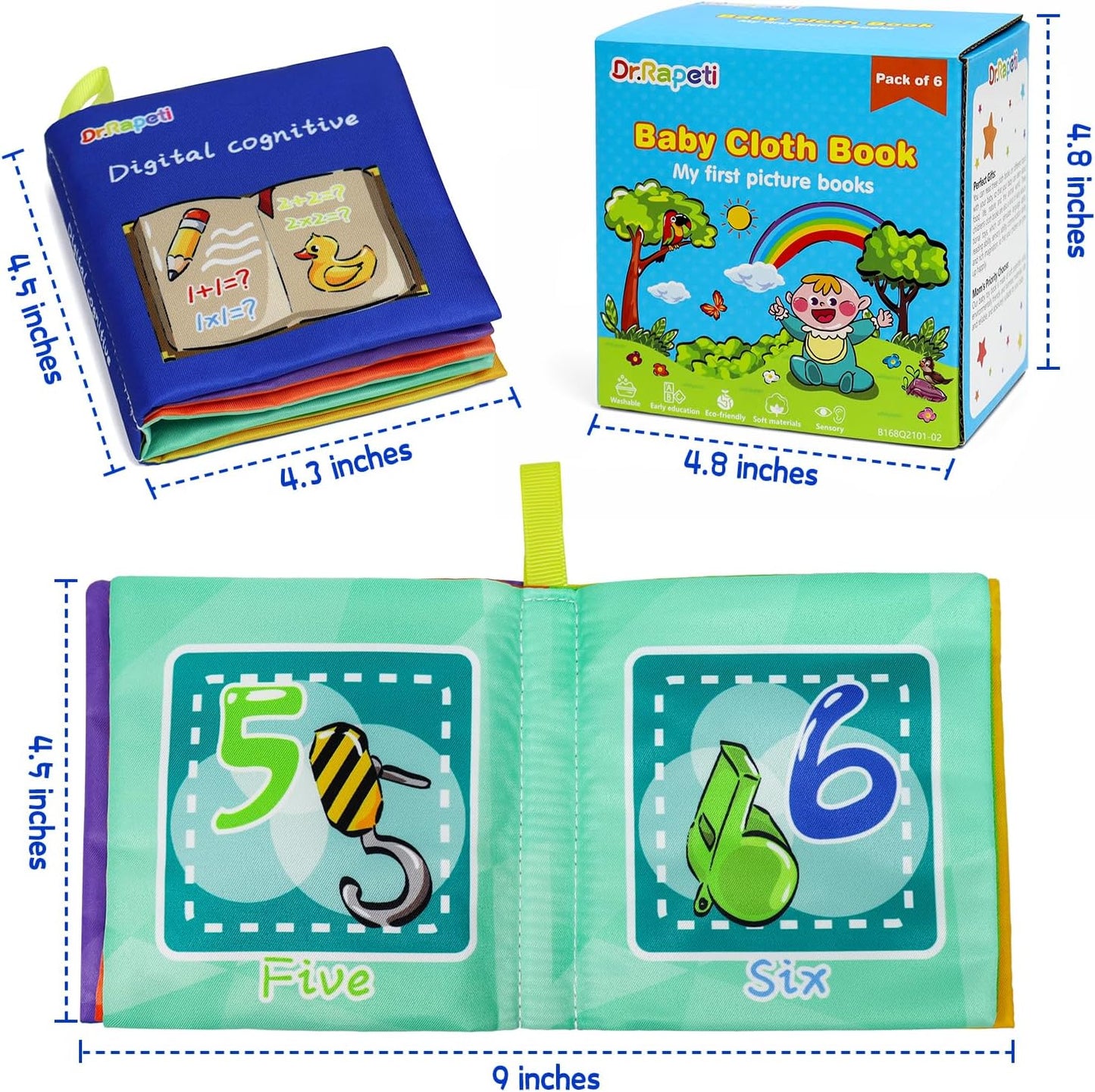 Dr.Rapeti Soft Cloth Books Baby Books Bath Books 6-Pack for Baby Infant Toddler Kids Crinkle