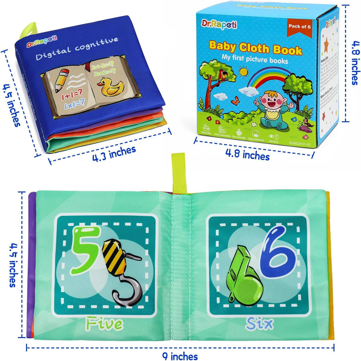 Dr.Rapeti Soft Cloth Books Baby Books Bath Books 6-Pack for Baby Infant Toddler Kids Crinkle