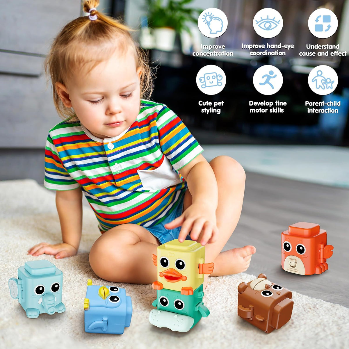 Stacking Toys Set for Toddlers 18+ Months, 6 in 1 Infant Sensory Toys with Changing Expressions