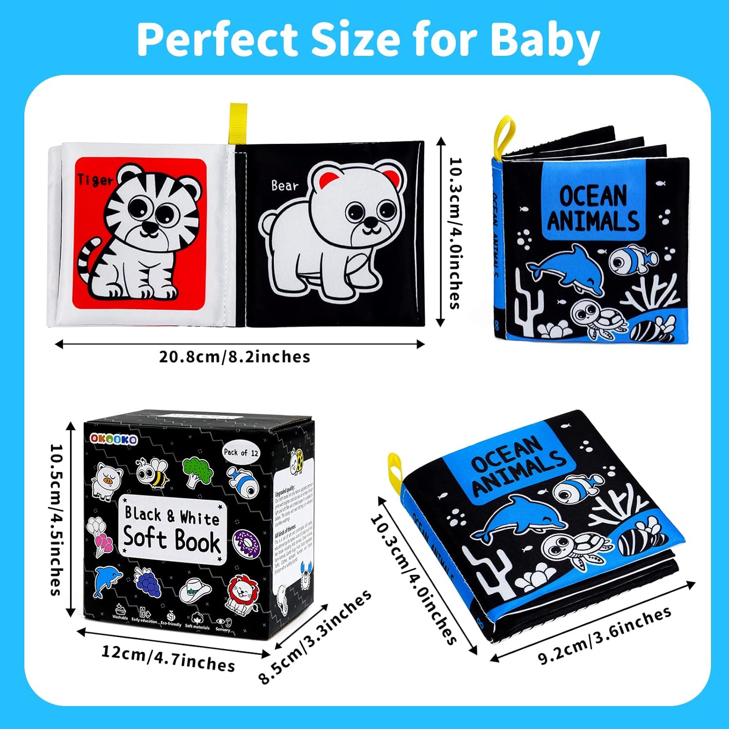 OKOOKO Soft Baby Books Black and White High Contrast 12PCS Soft Cloth Books Bath Books Crinkle