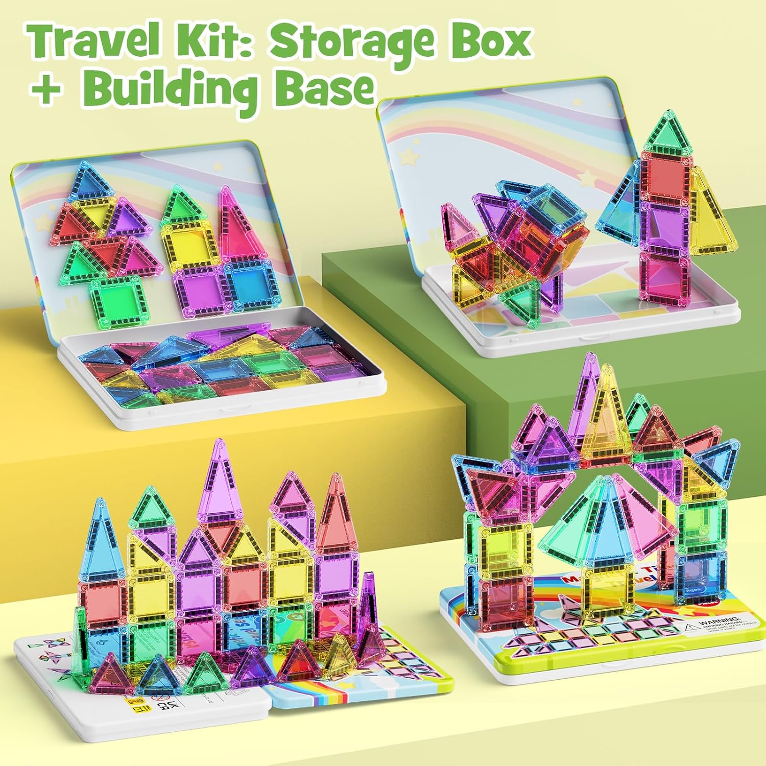 Magnetic Tiles Travel Toys for Kids 4-8, 42PCS Candy Color STEM Building Blocks with Visual Storage