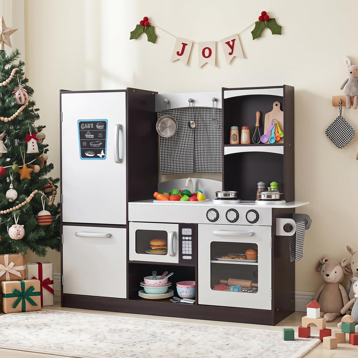Costzon Kids Play Kitchen, Wooden Kids Kitchen Playset w/Realistic Sound, Microwave, Oven