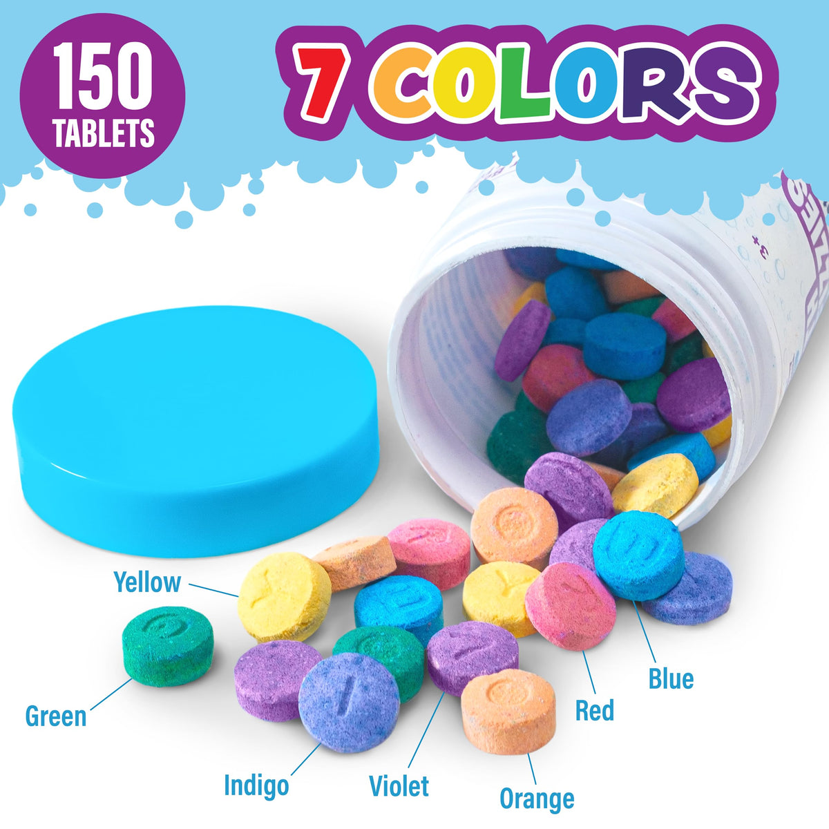 Tub Works® Bath Color Fizzies, 150 Count | Nontoxic & Fragrance-Free | Fizzy, Bath Color Tablets