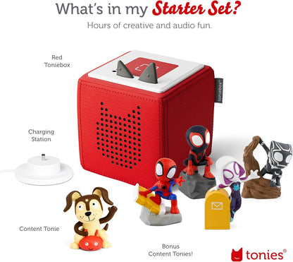 Tonies Toniebox Audio Player Starter Set with Spidey, Ghost-Spider, Spin, Black Panther, and