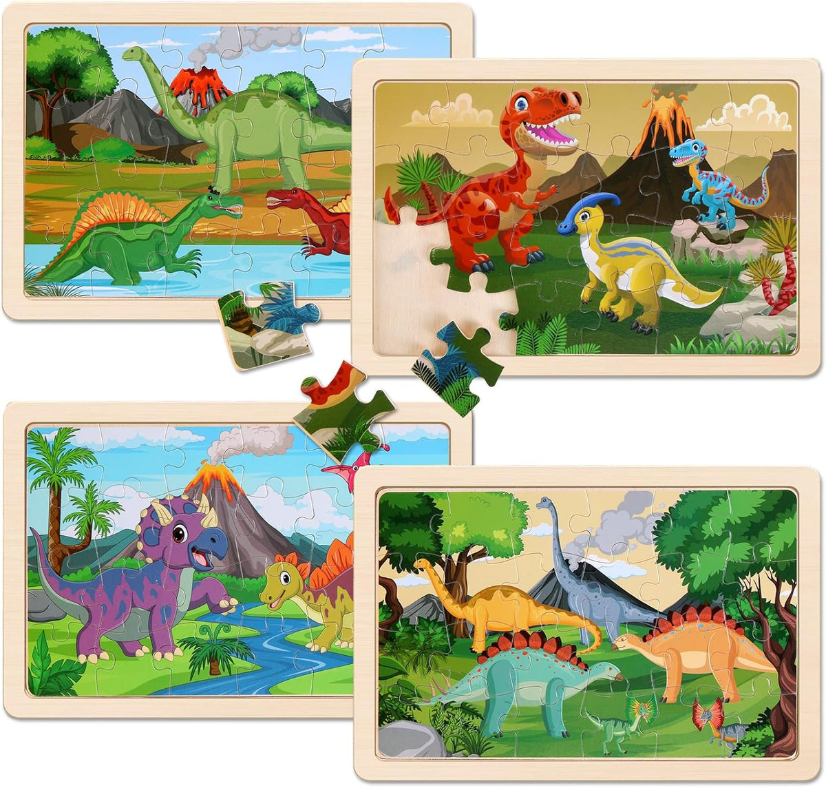 Wooden Puzzles Dinosaur Toys for Kids Ages 3-5, Set of 4 Packs with 20-Piece Wood Jigsaw Puzzles