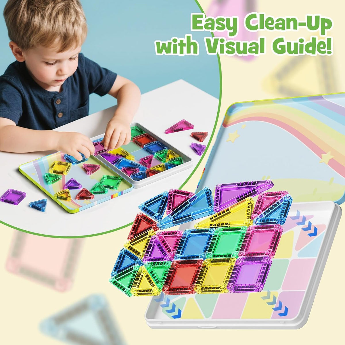 Magnetic Tiles Travel Toys for Kids 4-8, 42PCS Candy Color STEM Building Blocks with Visual Storage