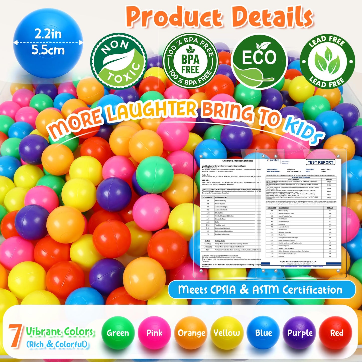 Hovenlay Ball Pit Balls Phthalate Free BPA Free Crush Proof Plastic - 7 Bright Colors in Reusable