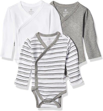 HonestBaby unisex-baby 3-pack Long Sleeve Side-snap Kimono Bodysuits Organic Cotton for Infant Baby