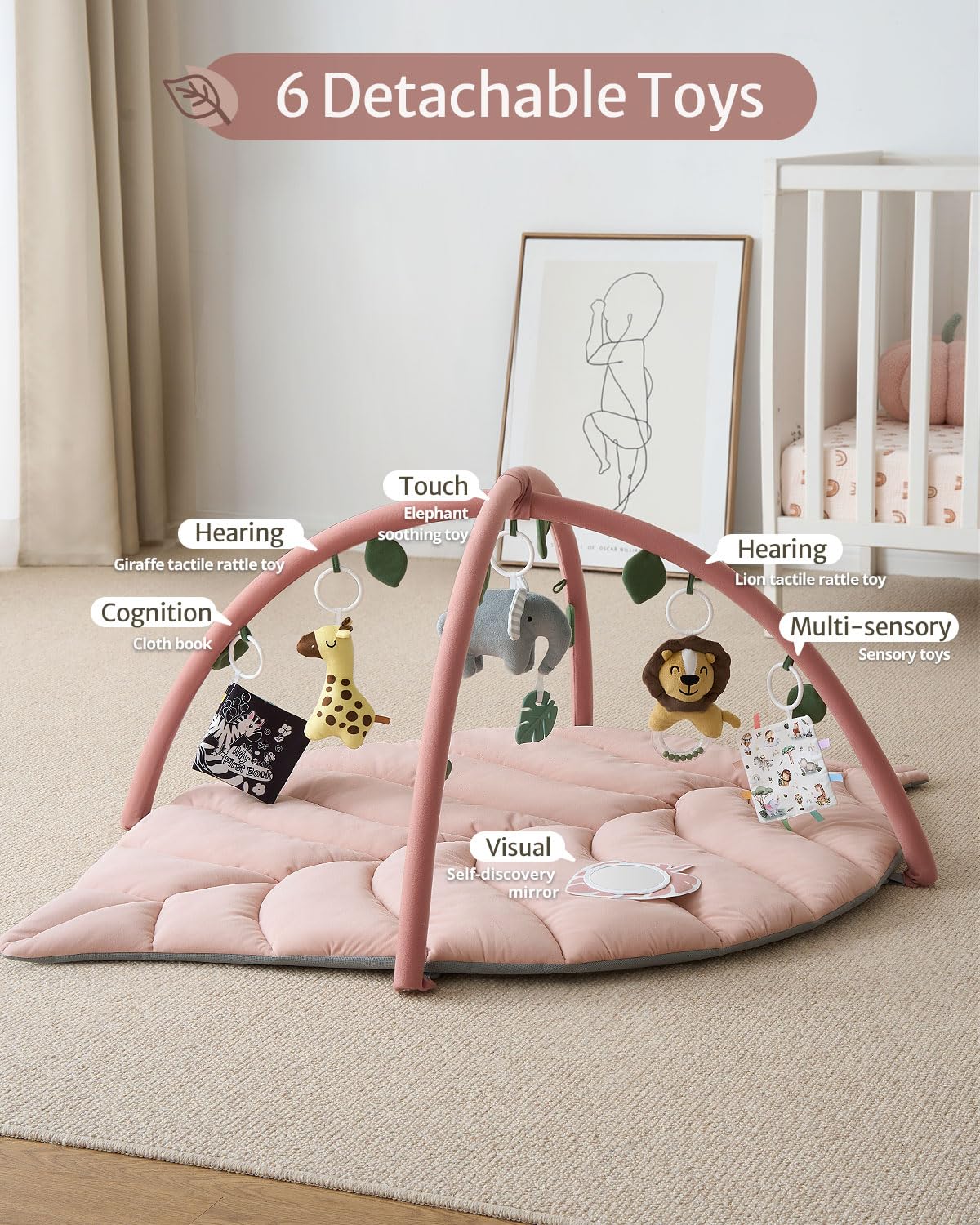 Blissful Diary Baby Play Gym & Activity Mat, Oversize Leaf Shaped Tummy Time Baby Play Mat w 6