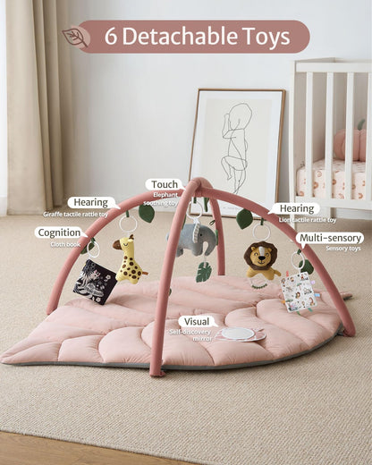Blissful Diary Baby Play Gym & Activity Mat, Oversize Leaf Shaped Tummy Time Baby Play Mat w 6