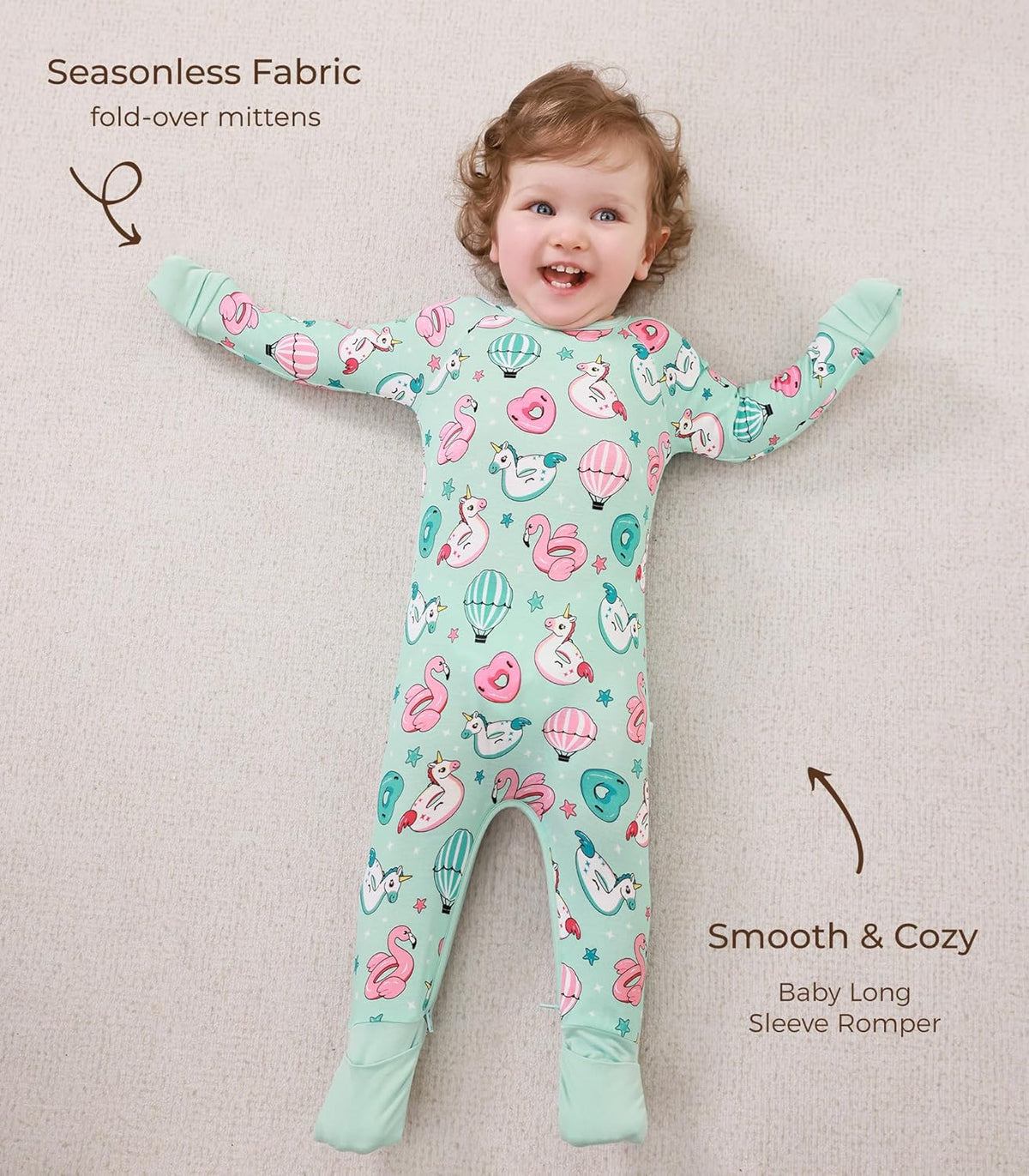 Baby Boys Girls Romper Long Sleeve Jumpsuits Infant Unisex One-Piece Bamboo Viscose Zipper Mitten
