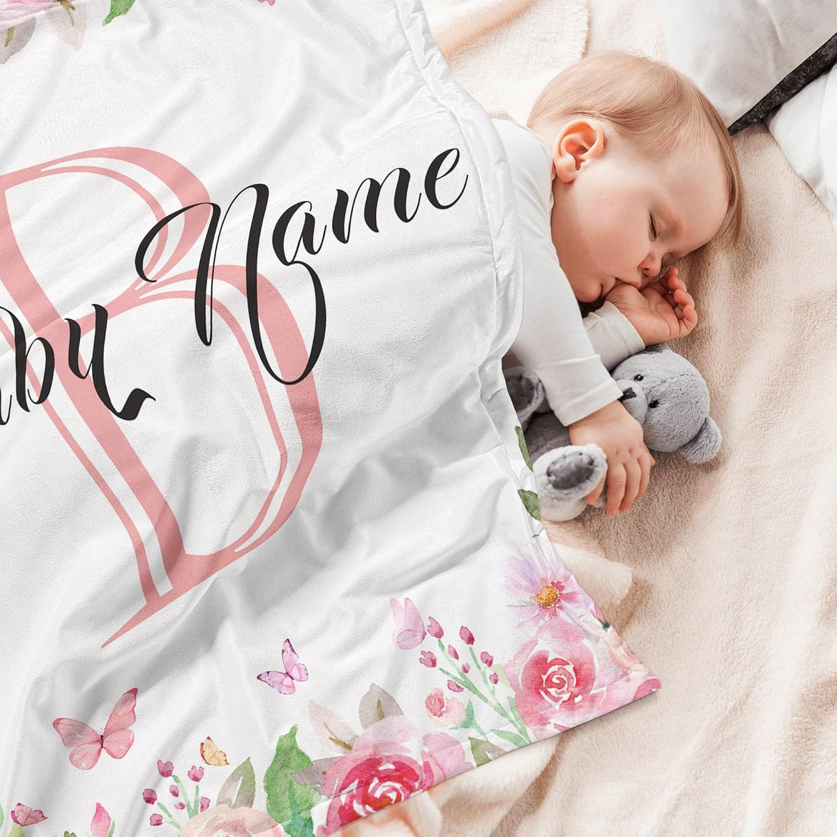 Custom Floral Rose Blanket with Name Personalized Name Blanket for Girl Newborn New Baby Customized