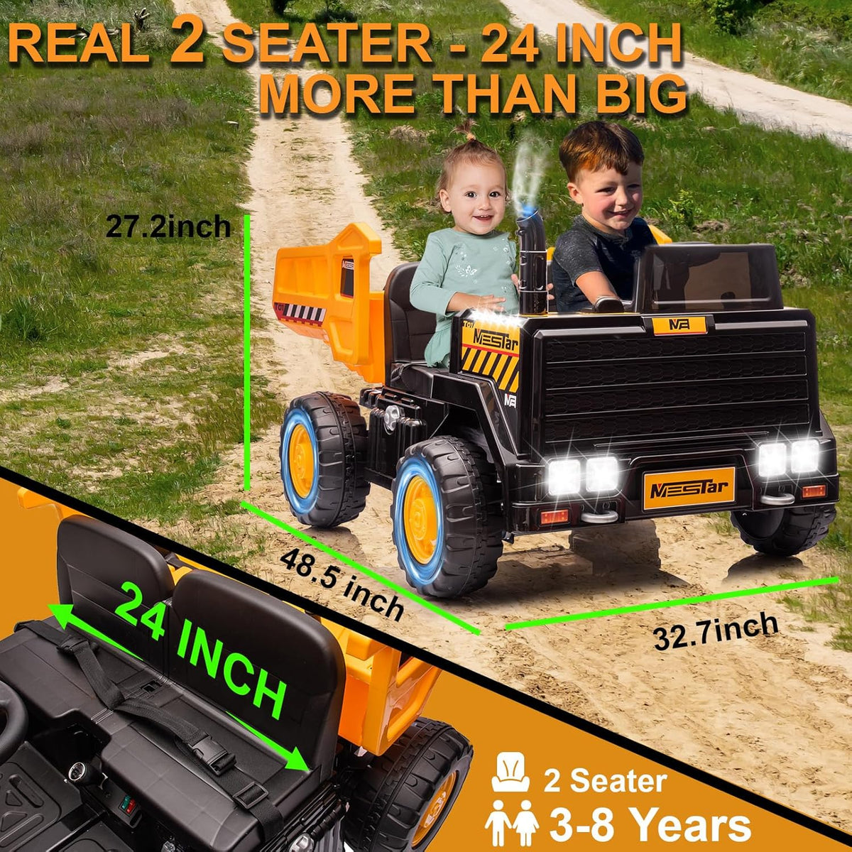 24V Ride On Dump Truck, 24inch-2 Seater Ride On Car for Kids w/Remote Control 4WD/2WD Up to 5 Mph