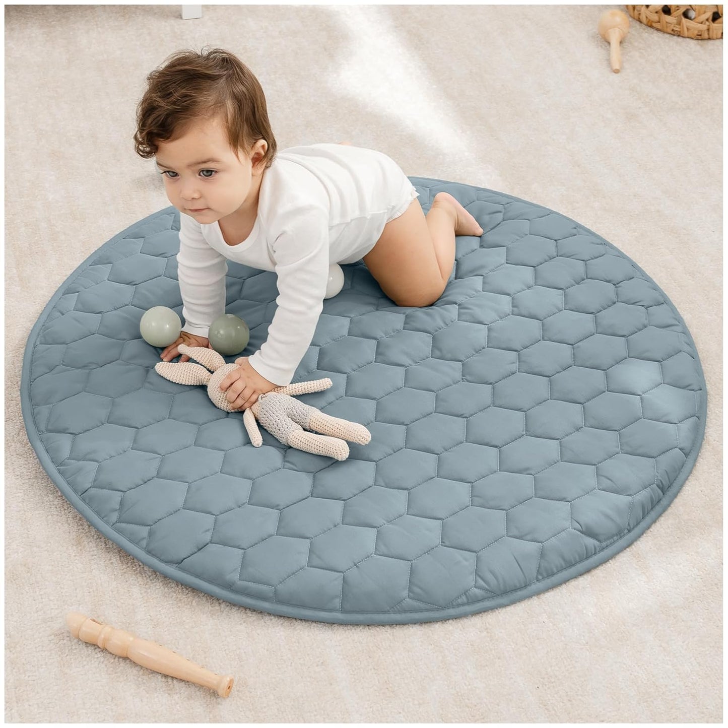 Comfy Cubs Round Kids Play Mat -Small 36 inches Soft Quilted Baby Floor Mat with Non-Slip Bottom