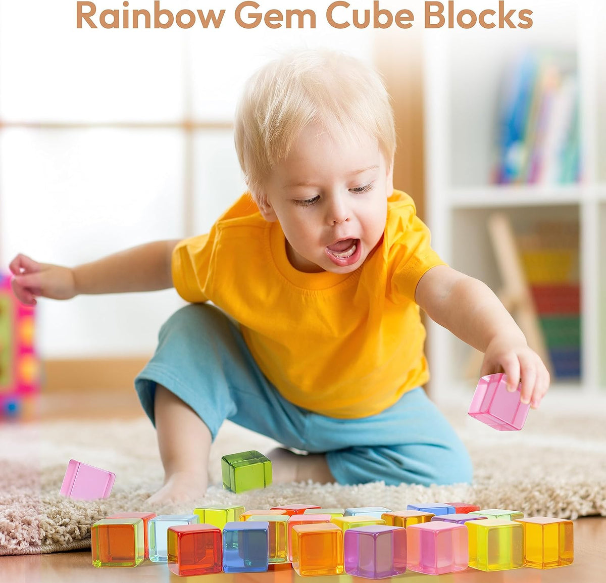 Wooden Building Blocks Set for Kids, 36 PCS Rainbow Acrylic Gem Cubes Blocks - 3 Wood House