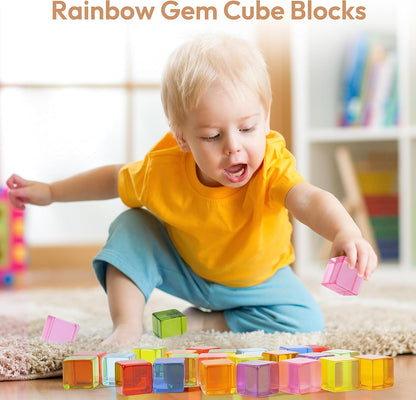 Wooden Building Blocks Set for Kids, 36 PCS Rainbow Acrylic Gem Cubes Blocks - 3 Wood House