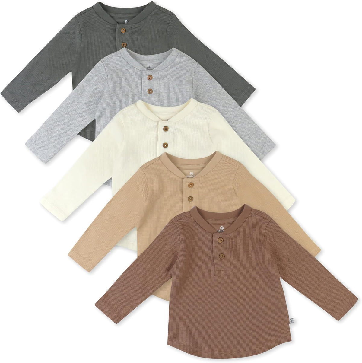 HonestBaby 5-pack Waffle Henley Long Sleeve Shirts 100% Organic Cotton for Infant Baby and Toddler