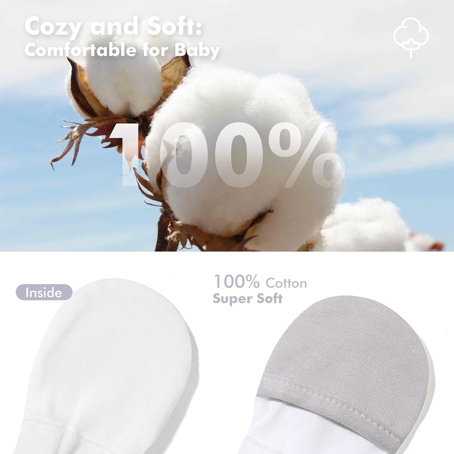 HAPIU Baby No Scratch Mittens Stay On, 100% Cotton Breathable, Adjustable Infant Gloves for Boys