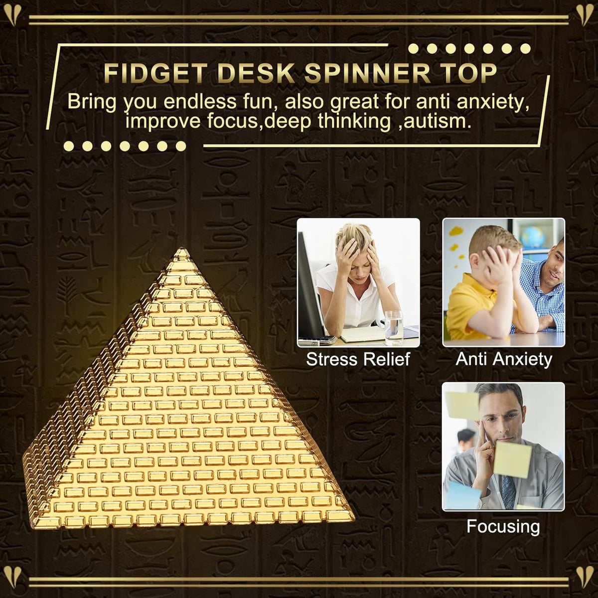 Egyptian Fidget Spinner Toy for Kids Adults, Metal Pyramid Fingertip Hand Finger Spinner, Heavy