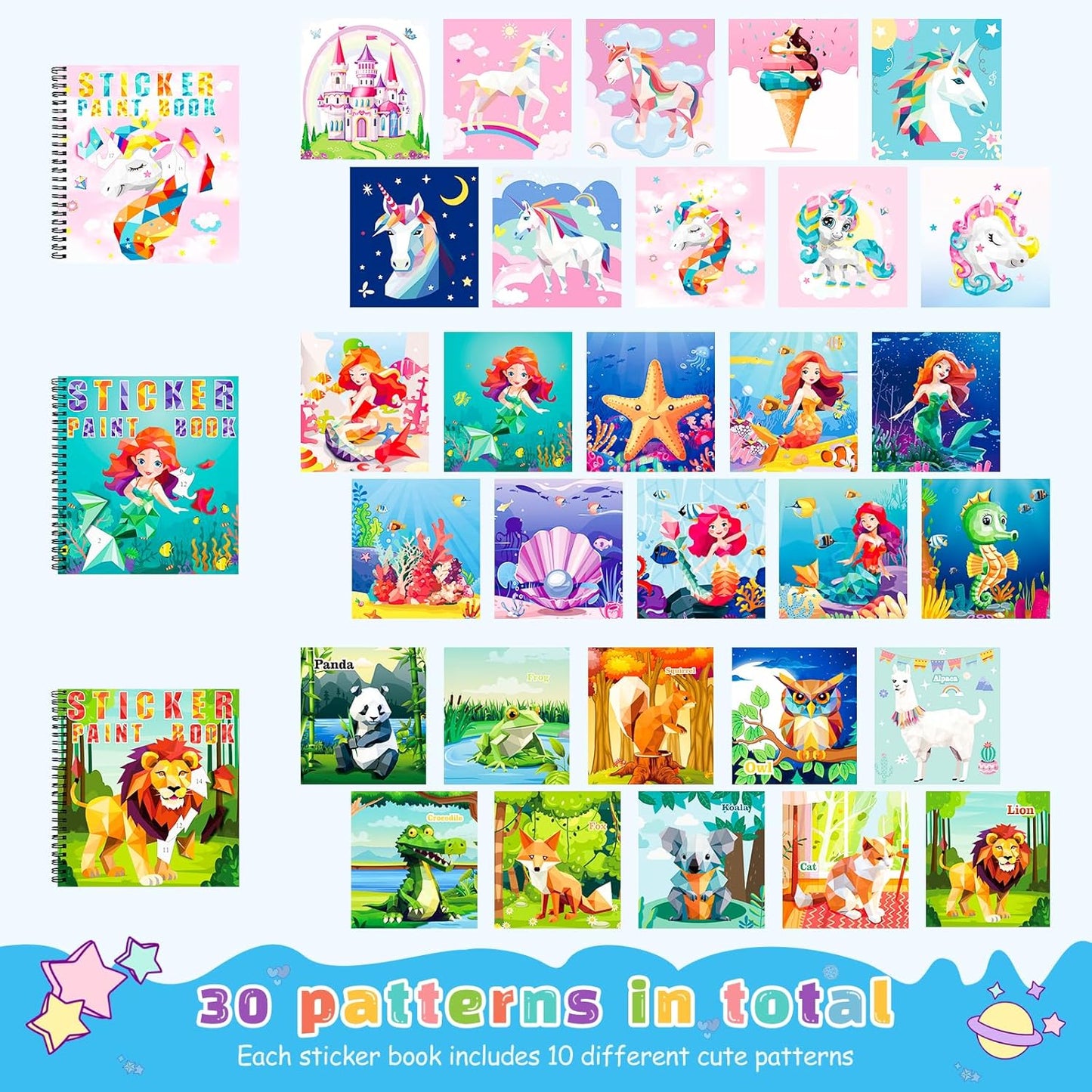 homicozy 3PCS Sticker Paint Books for Kids Ages 4-10,Unicorn Mermaid Animals Designs Paint by