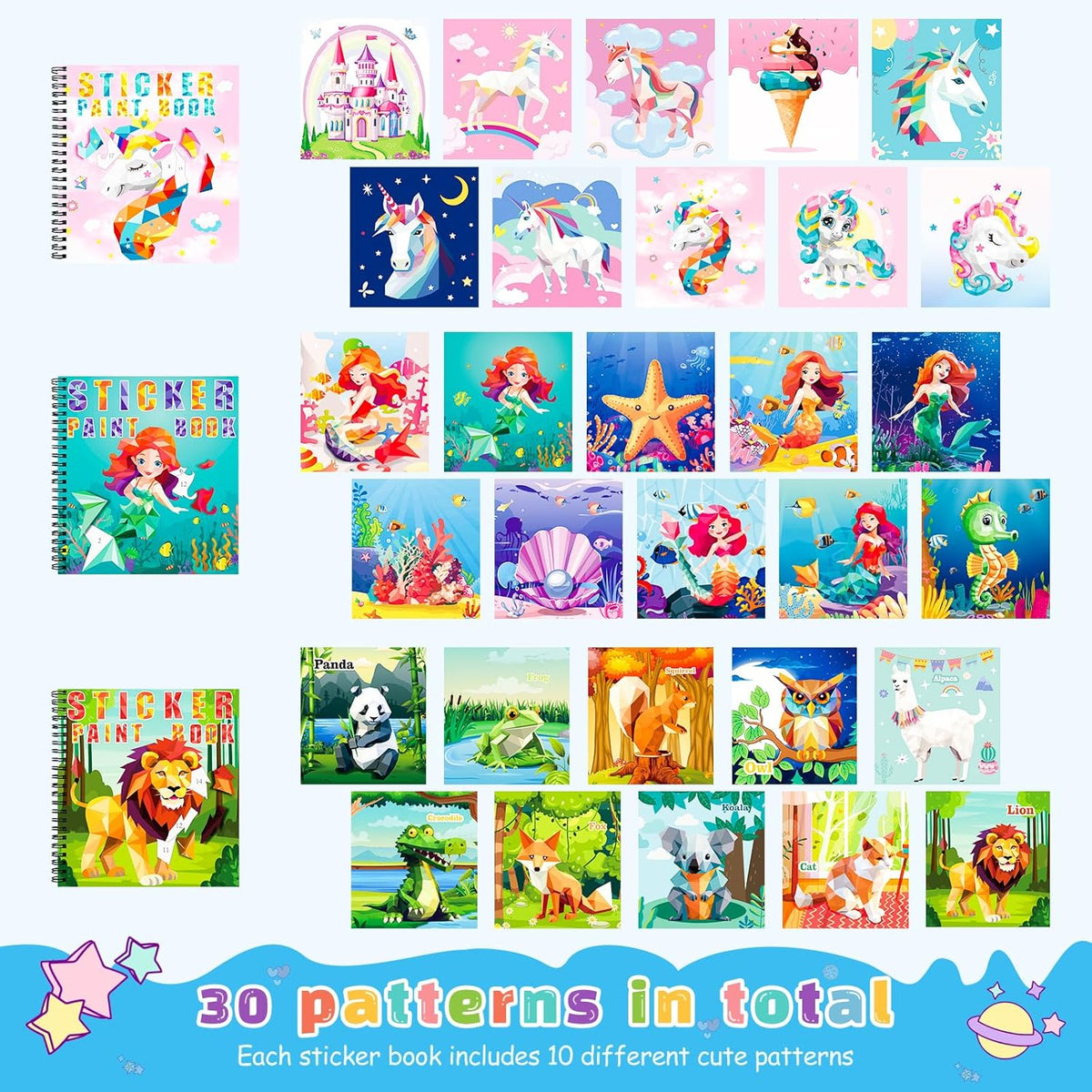 homicozy 3PCS Sticker Paint Books for Kids Ages 4-10,Unicorn Mermaid Animals Designs Paint by