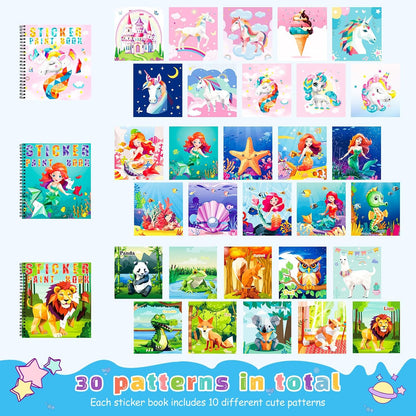 homicozy 3PCS Sticker Paint Books for Kids Ages 4-10,Unicorn Mermaid Animals Designs Paint by