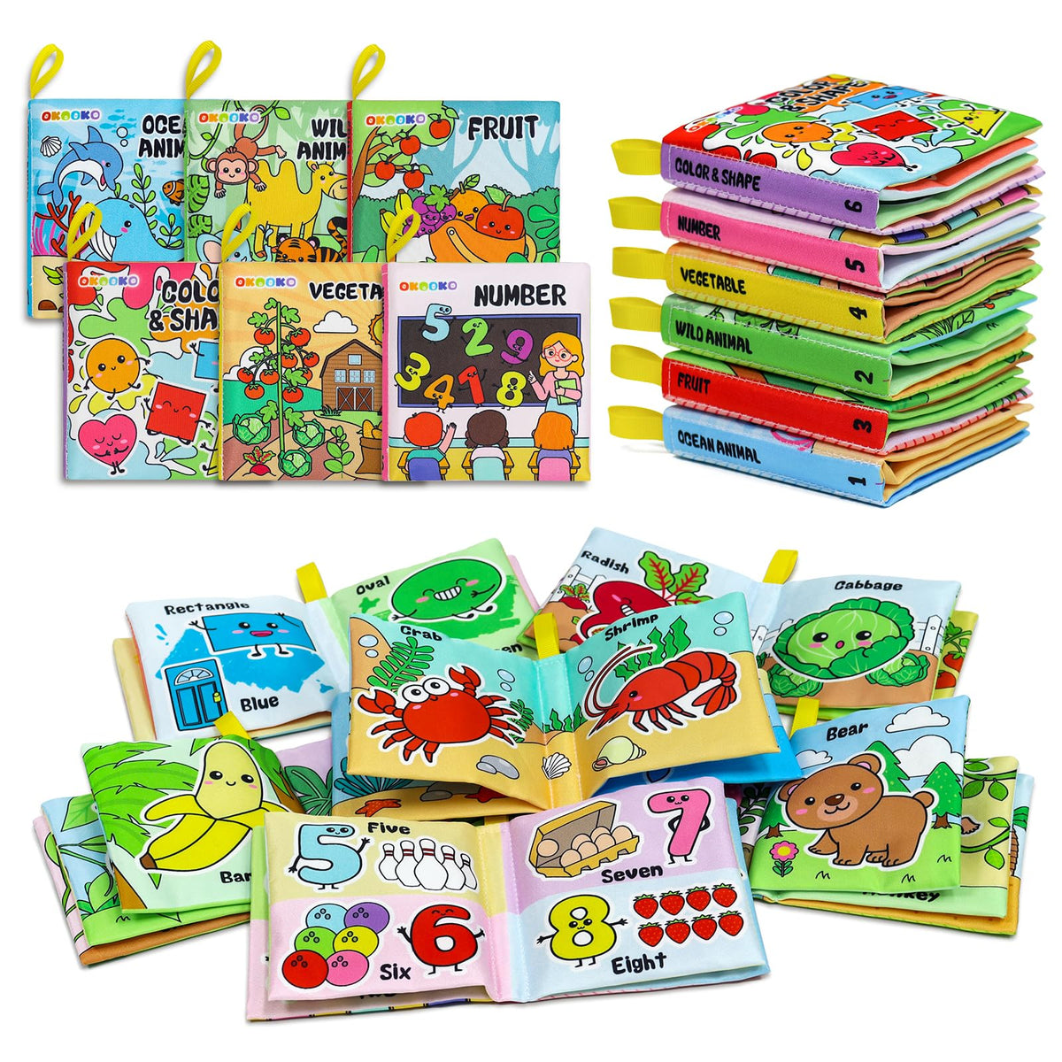 OKOOKO 6 Pack Soft Baby Book, Bath Toy, Soft Cloth Book, Crinkle Book