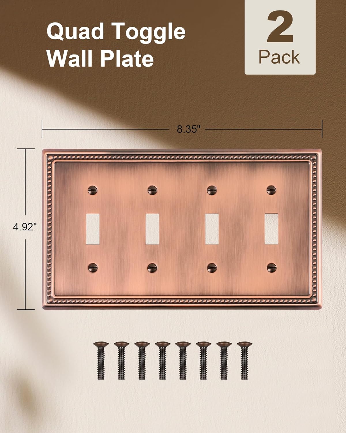 2-Pack Quad Toggle Light Switch Cover Plate, 4 Gang Metal Switch Plate Covers, Antique Copper