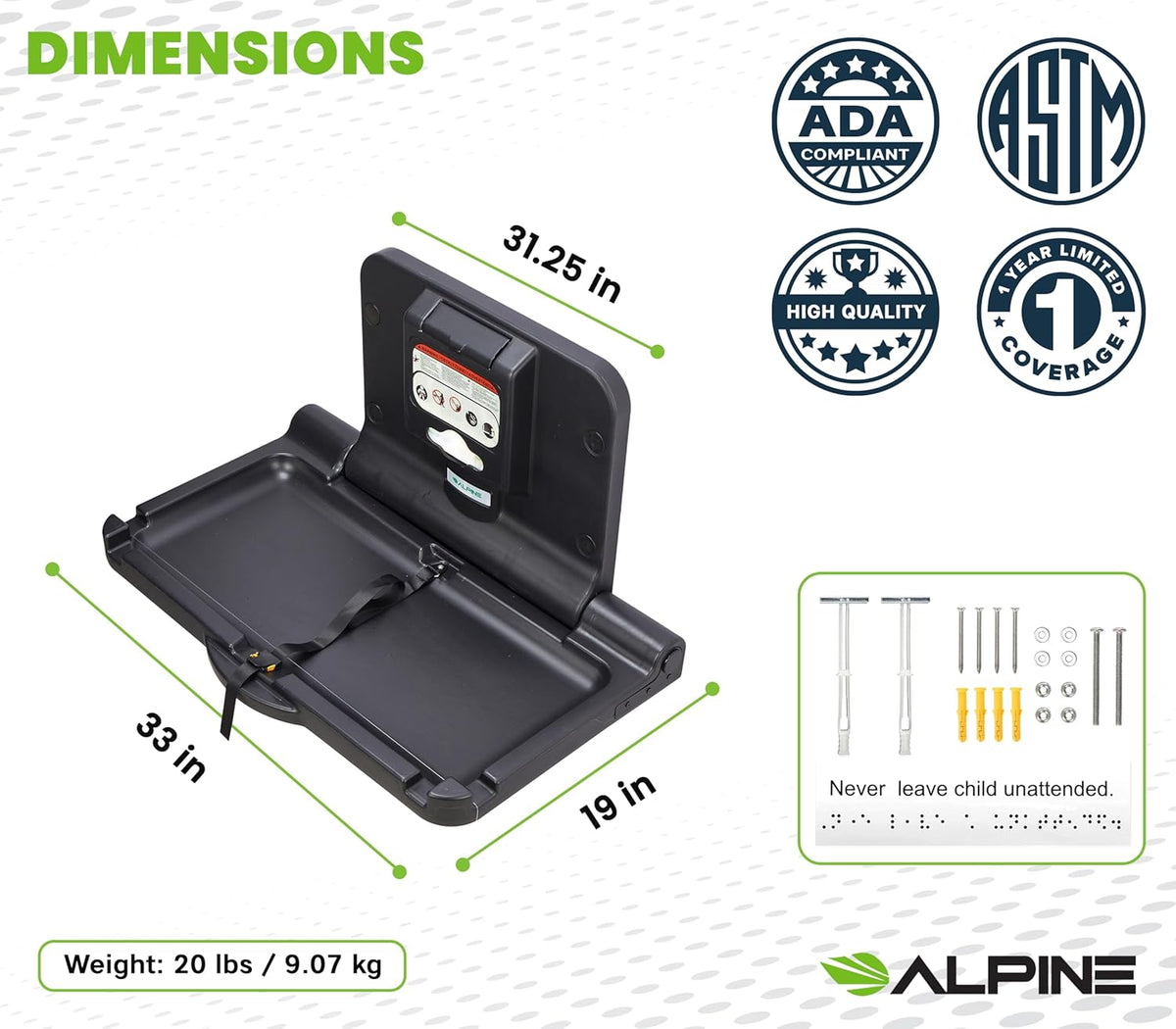 Alpine Wall Mounted Baby Changing Station - Horizontal Baby Changing Table Foldable Diaper Tables