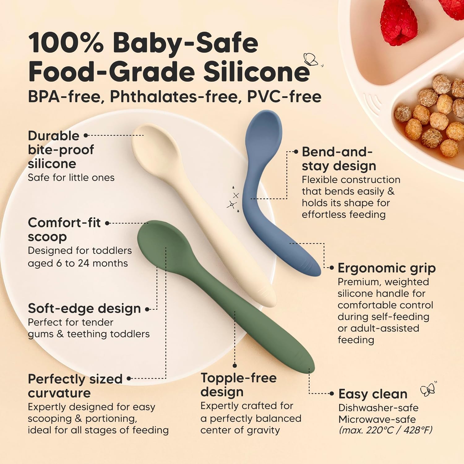 KeaBabies Silicone Baby Spoons, Self Feeding 6-12 months - 3-Pack Baby Weaning Eating Utensils