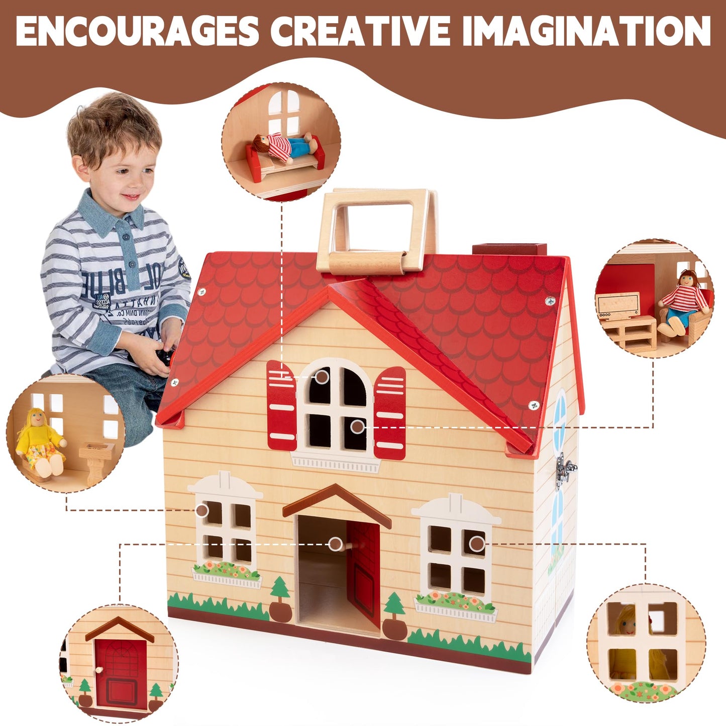 WOODMAM Foldable Wooden Dollhouse with Furniture for Pretend Play