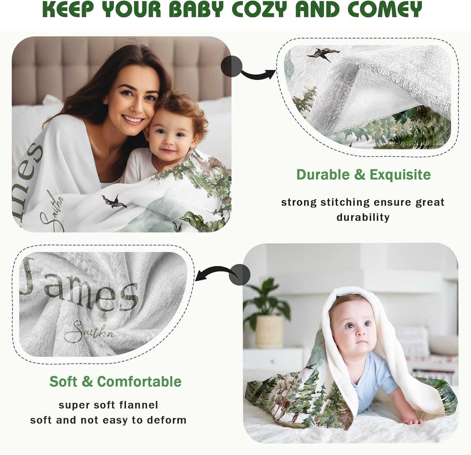 Personalized Woodland Baby Blanket with Name Custom Name Blanket for Boy Newborn Expect Mom