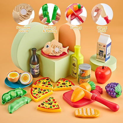 Kidsciety Pretend Play Kitchen Accessories, 52pc Kids Kitchen Playset with Play Food, Stainless