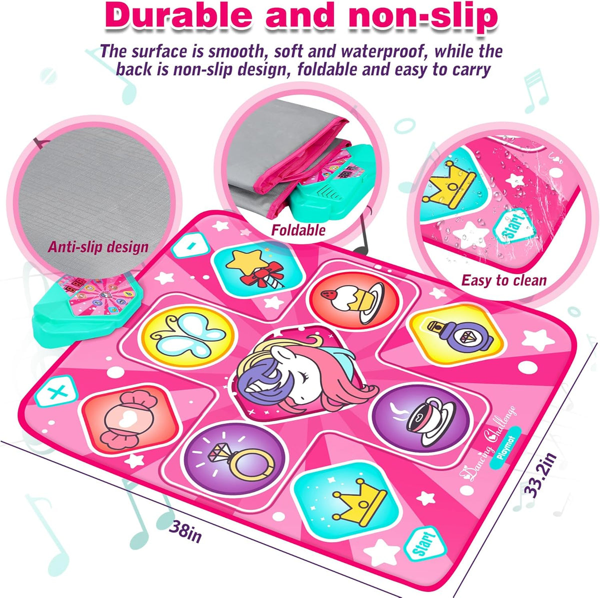Unicorn Dance Mat, Dance Mixer Rhythm Step Play Mat, Pink Dance Pad with LED Lights, Adjustable