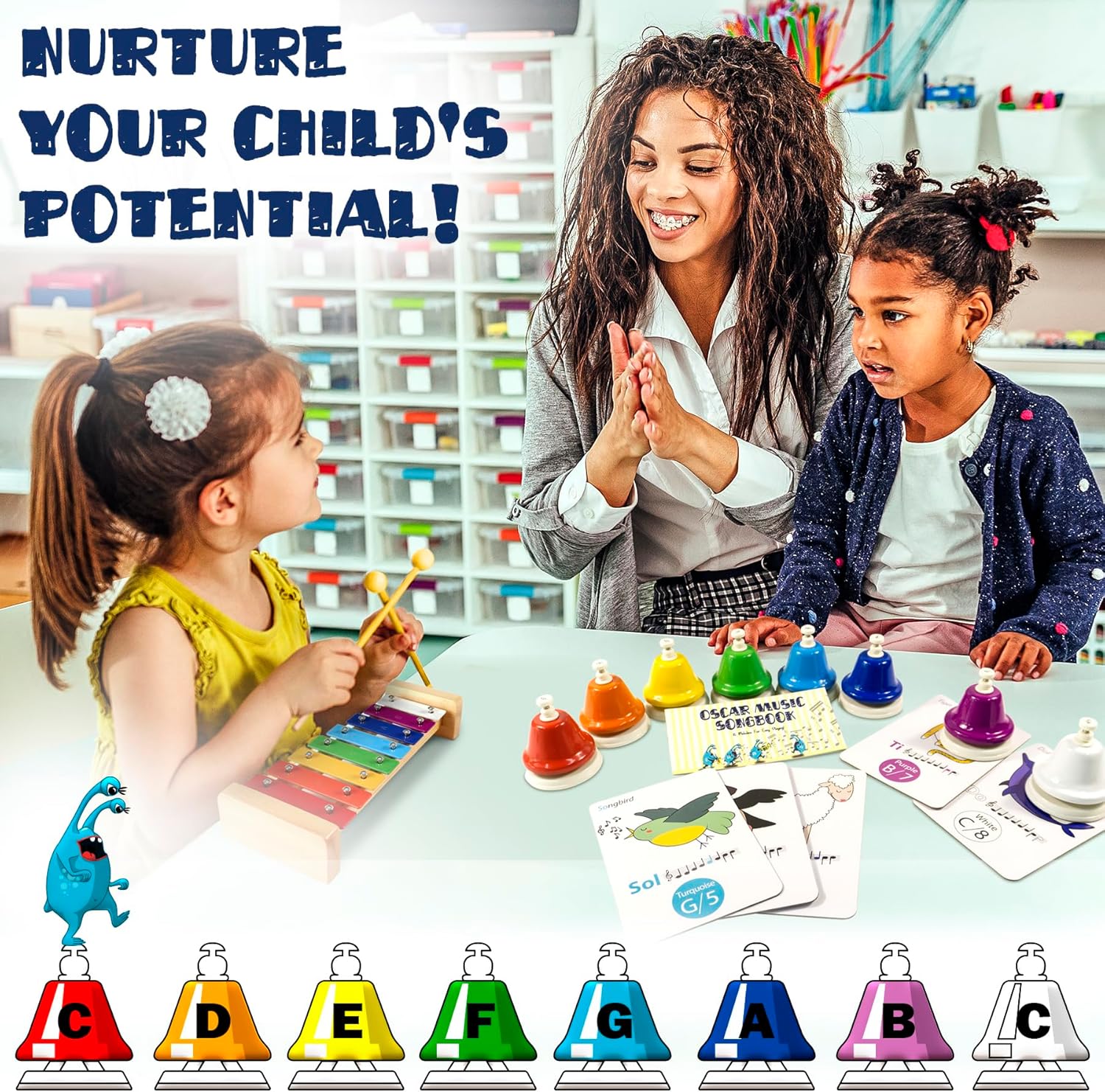 MINIARTIS Desk Bells for Kids | Educational Music Toys for Toddlers 8 Notes Colorful Hand Bells Set