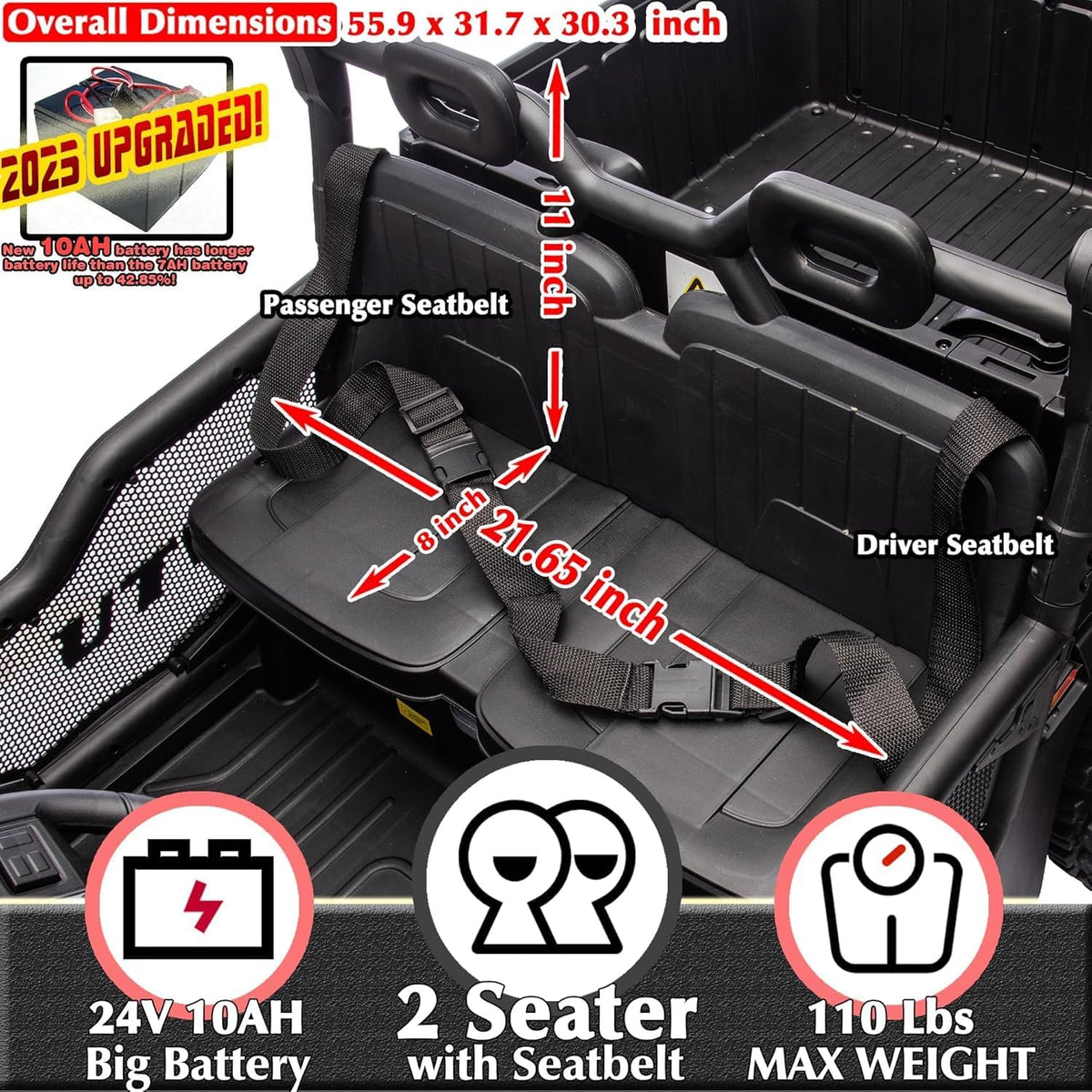 sopbost 24V 10Ah Ride On Toys for Big Kids to Drive 2 Seater Ride On Car with Remote Control