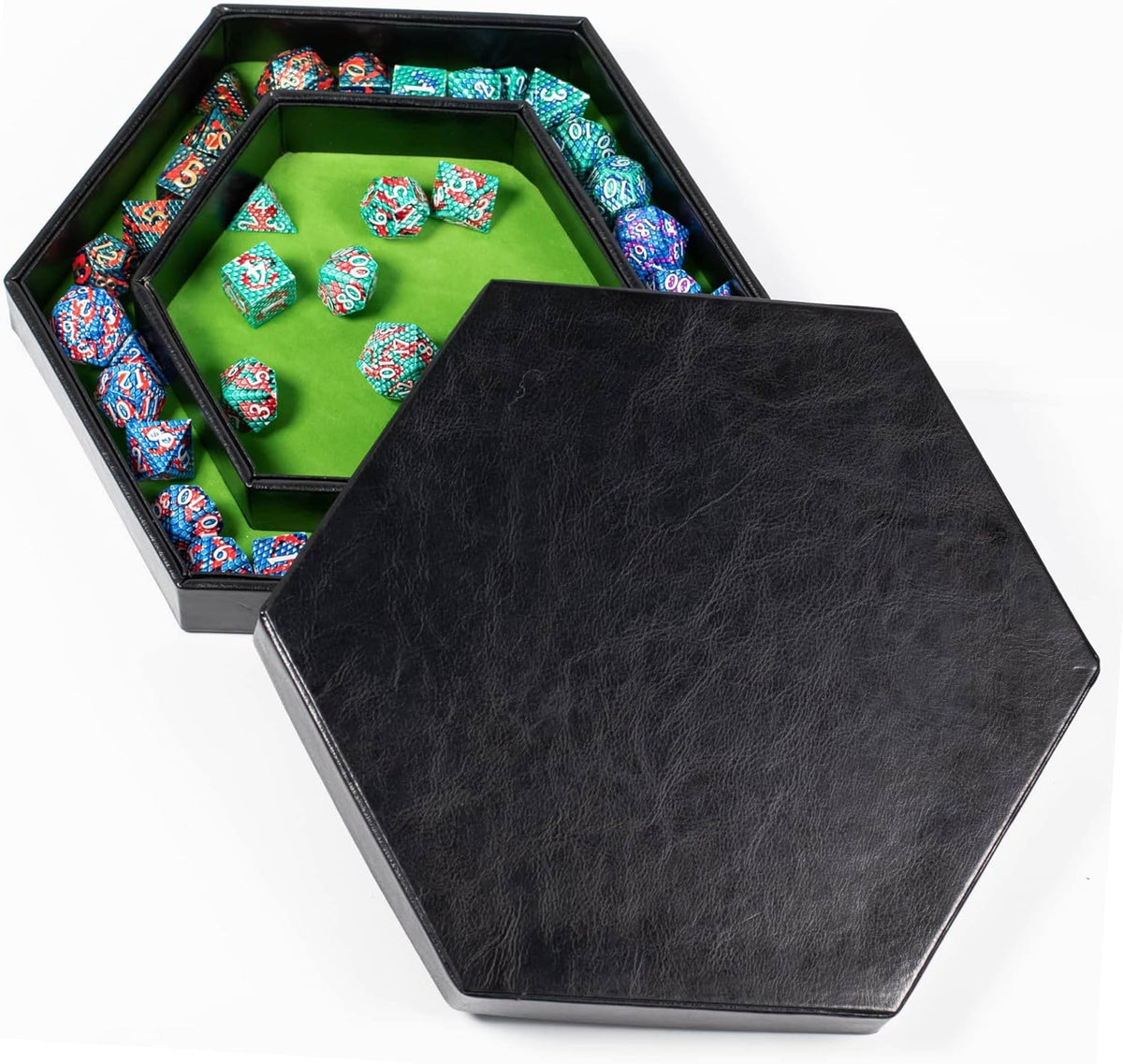 DND Dice Tray - 2 in 1 Hexagonal Rolling and Storage Tray, Faux Leather Material, Green Color